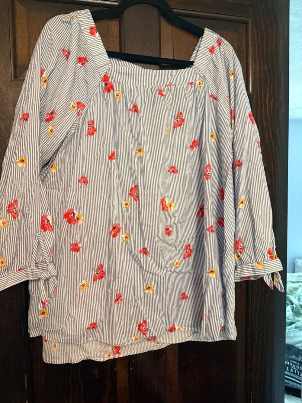 Old Navy Blue & White Striped Peasant Blouse with Red and Yellow Floral Print